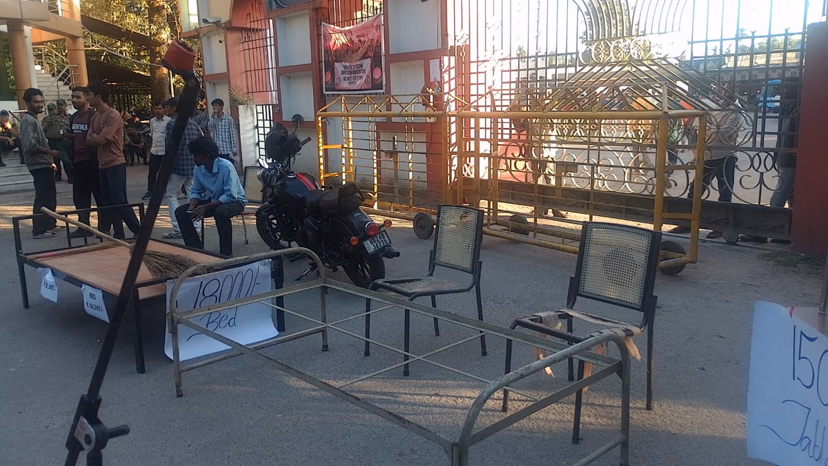 tezpur university protest site has tables, chairs, beds with what they cost displayed